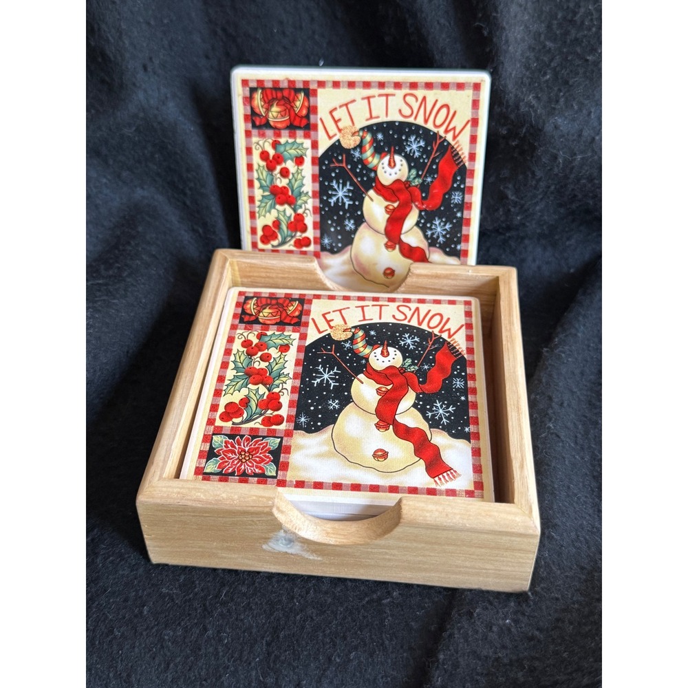 Let It Snow Snowman Ceramic Coaster Set with Wood Holder 5 Piece Christmas Decor